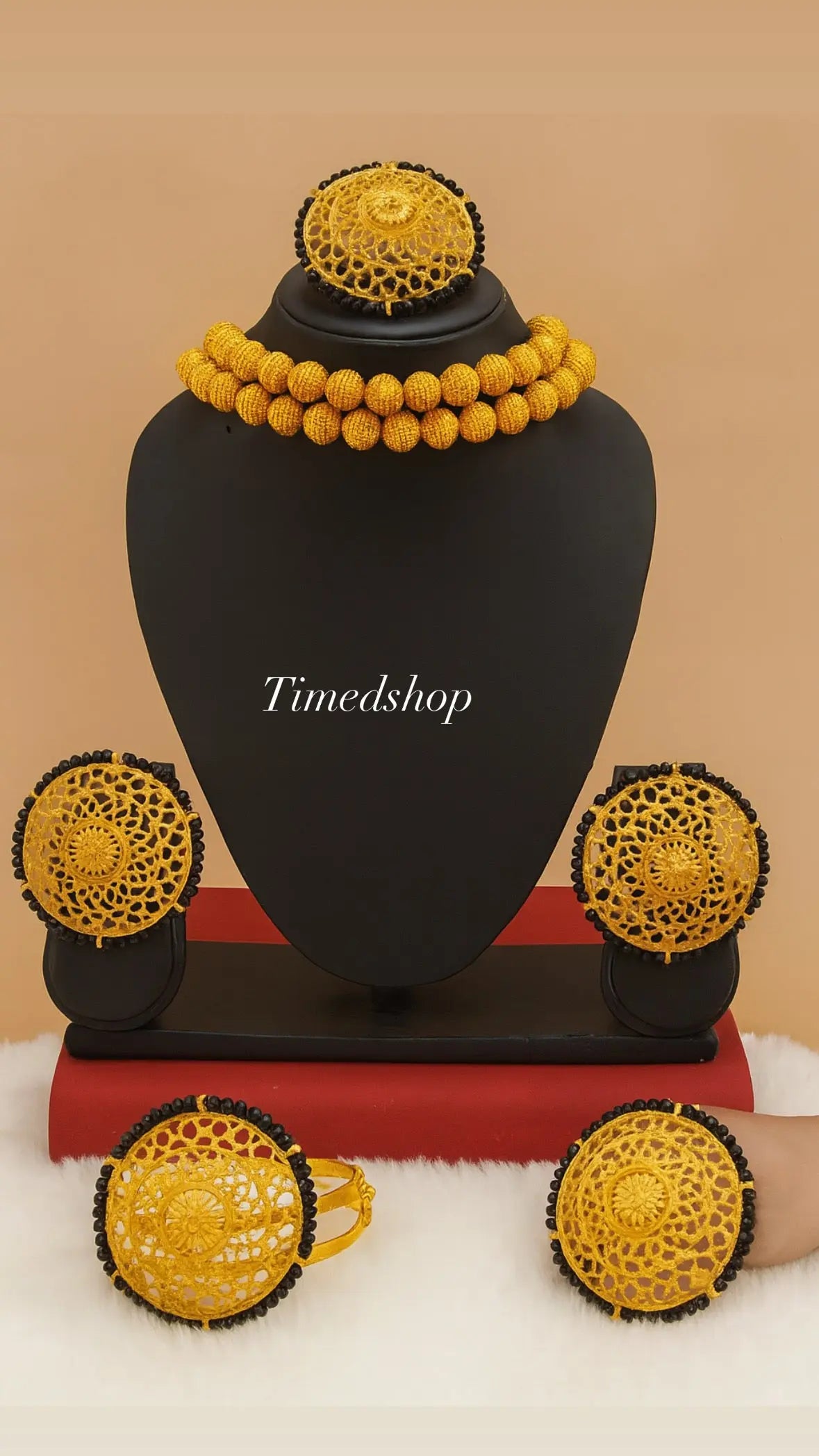 Parure Dorée & Noire– Collier, Bracelet, Boucles & Bague