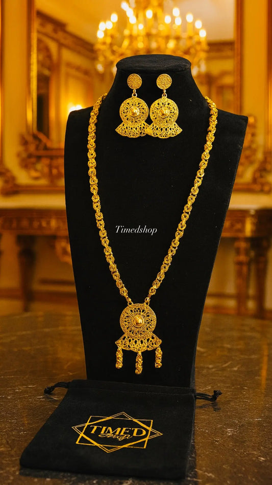 Parure Plaqué Or Tradition Royale – Collier Long sautoir & Boucles d’Oreilles Filigrane