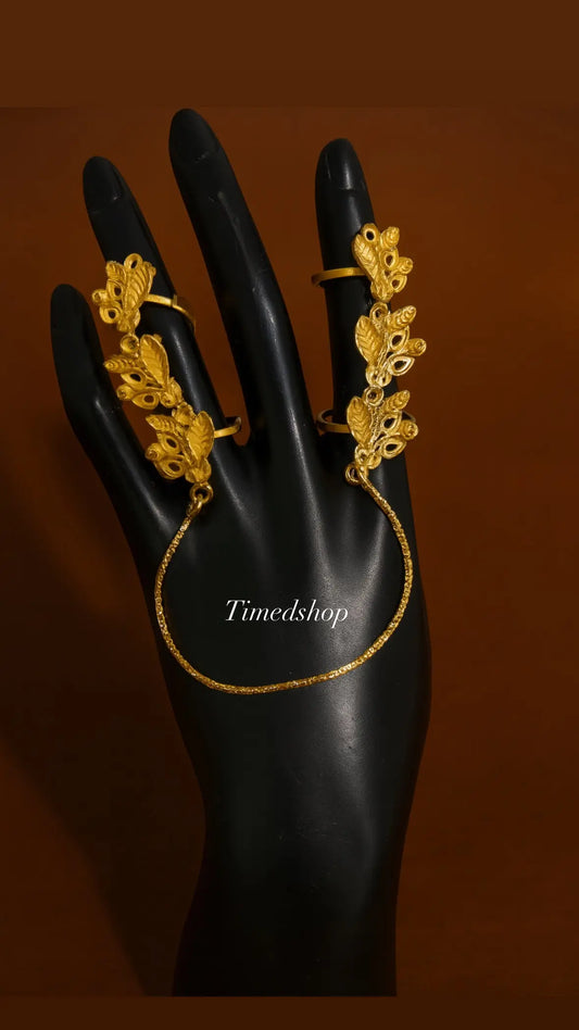 Bague Chaîne Dorée – Motif Feuilles et Paons