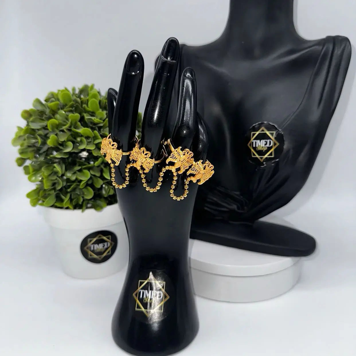 Bague Radia- Plaqué or Papillons Chaînette Mobile  4 doigts