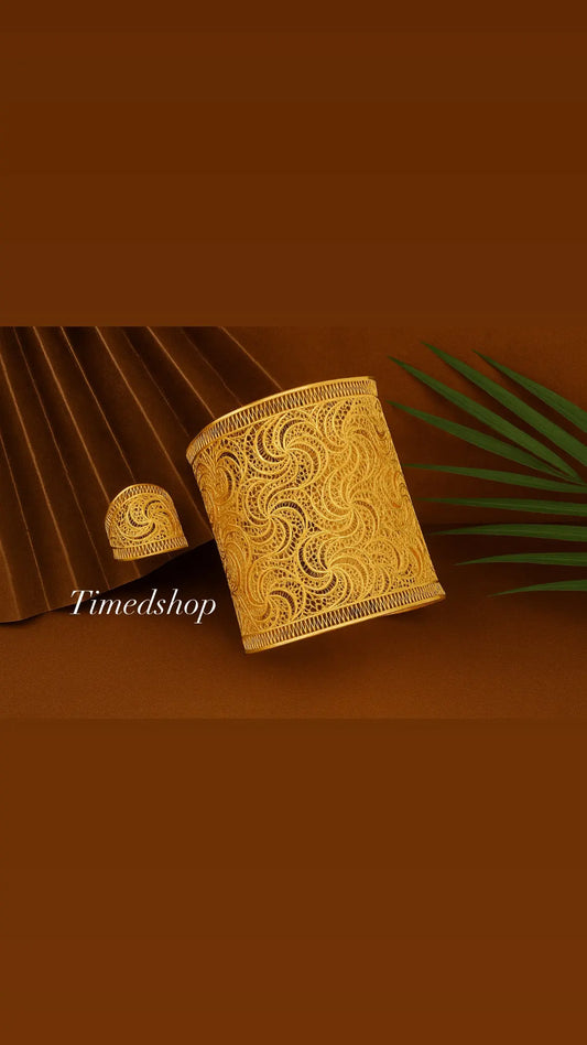 Bracelet Manchette & Bague Assortis en Plaqué Or 18K – Design Filigrane Oriental
