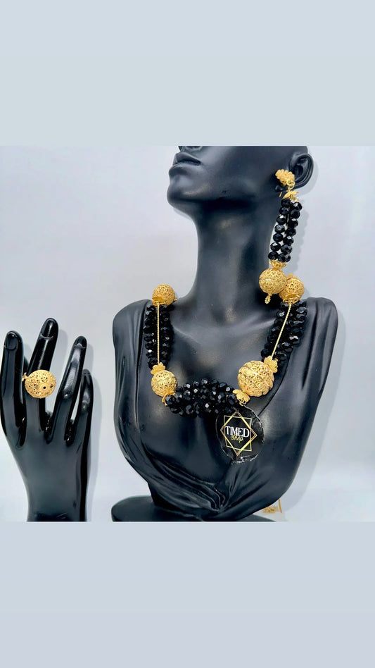 Parure Prestige – Plaqué Or 22K & Perles Noires