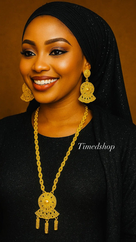 Parure Plaqué Or Tradition Royale – Collier Long sautoir & Boucles d’Oreilles Filigrane